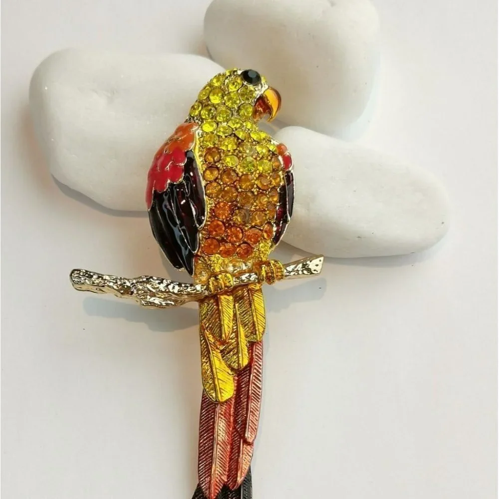 Parrot Bird Statement brooch pin Colourful Enamel Crystal